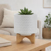 Jeny Flower Planter Pot on Wood Stand | White Chevron Ceramic 8"