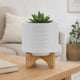 Jeny Flower Planter Pot on Wood Stand | White Chevron Ceramic 8"