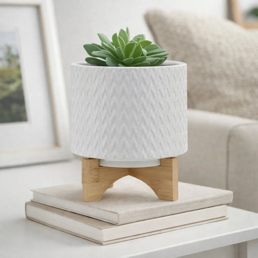 Jeny Flower Planter Pot on Wood Stand | White Chevron Ceramic 8"