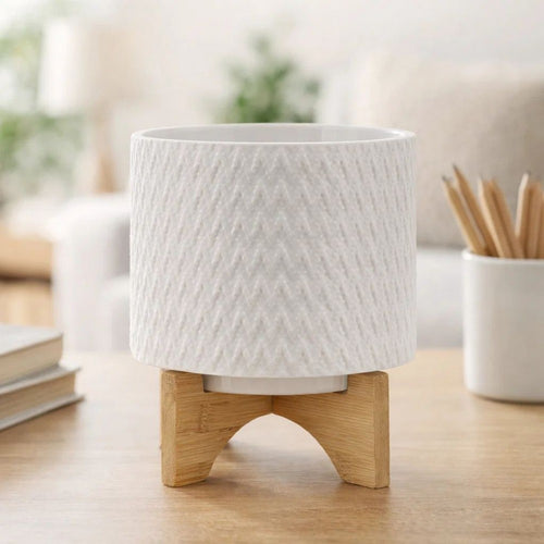 Jeny Flower Planter Pot on Wood Stand | White Chevron Ceramic 8"
