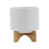Jeny Flower Planter Pot on Wood Stand | White Diamond Ceramic 8"