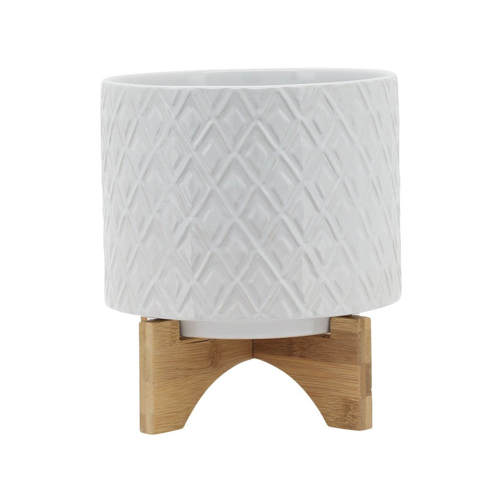 Jeny Flower Planter Pot on Wood Stand | White Diamond Ceramic 8"