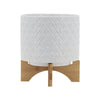 Jeny Flower Planter Pot on Wood Stand | White Diamond Ceramic 8"