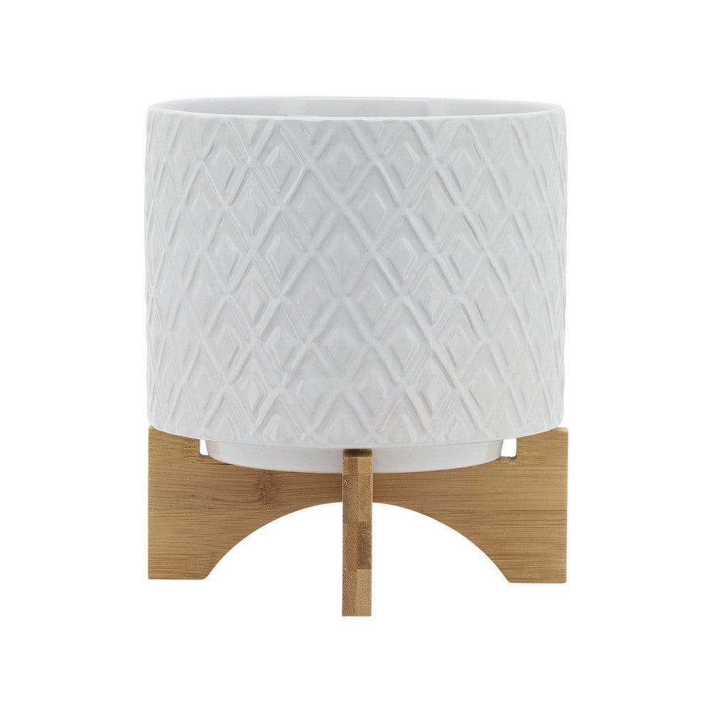 Jeny Flower Planter Pot on Wood Stand | White Diamond Ceramic 8"