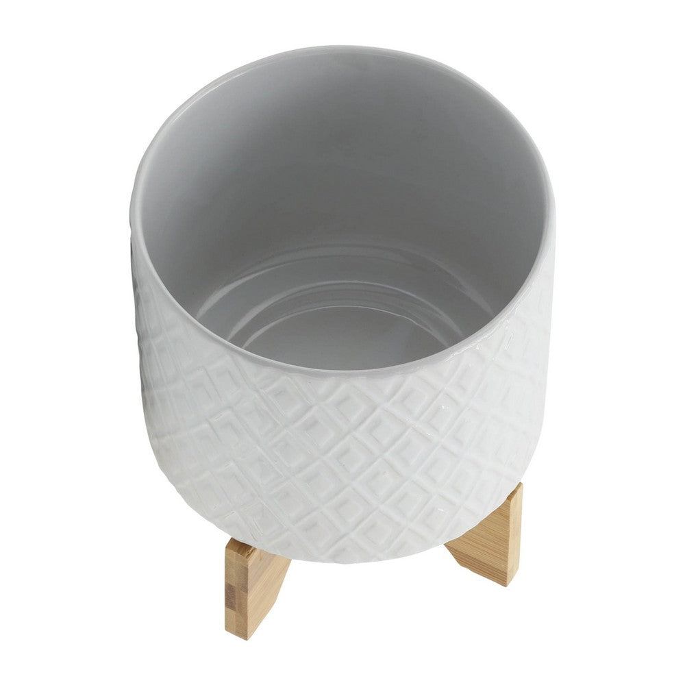 Jeny Flower Planter Pot on Wood Stand | White Diamond Ceramic 8"