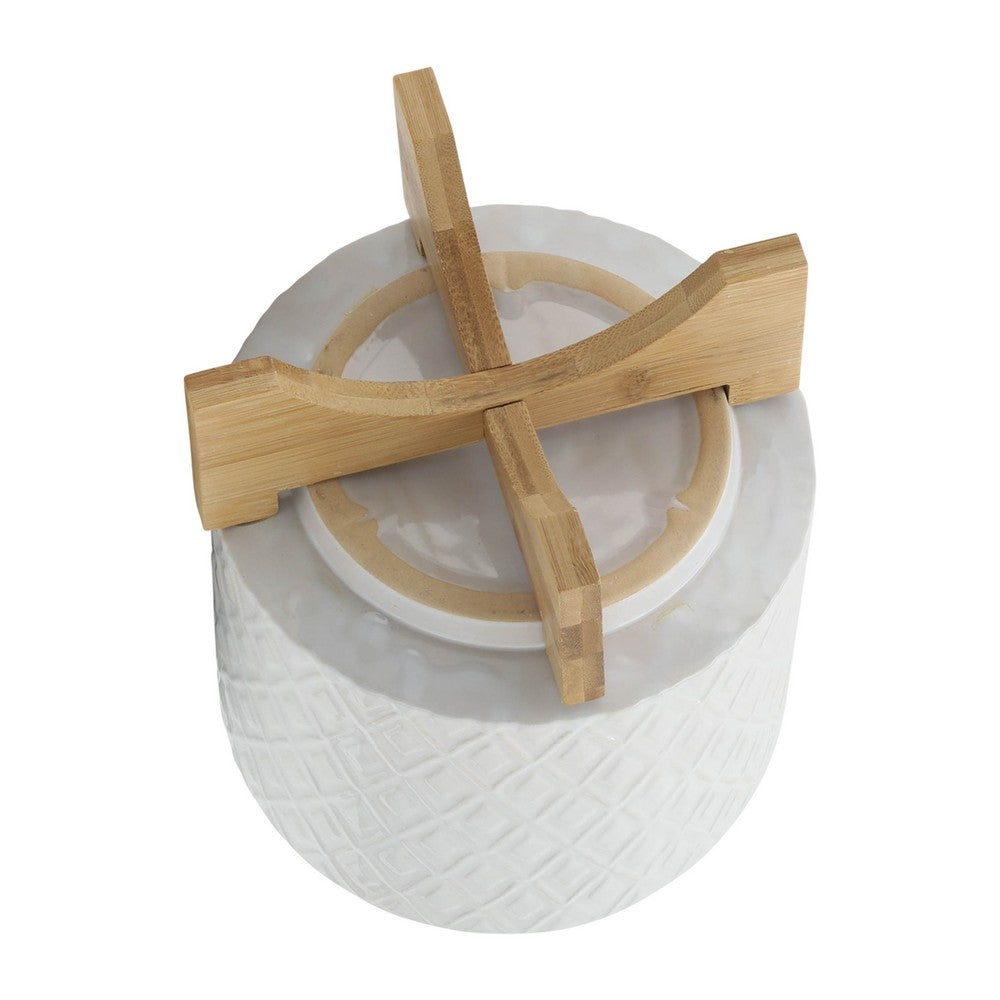 Jeny Flower Planter Pot on Wood Stand | White Diamond Ceramic 8"