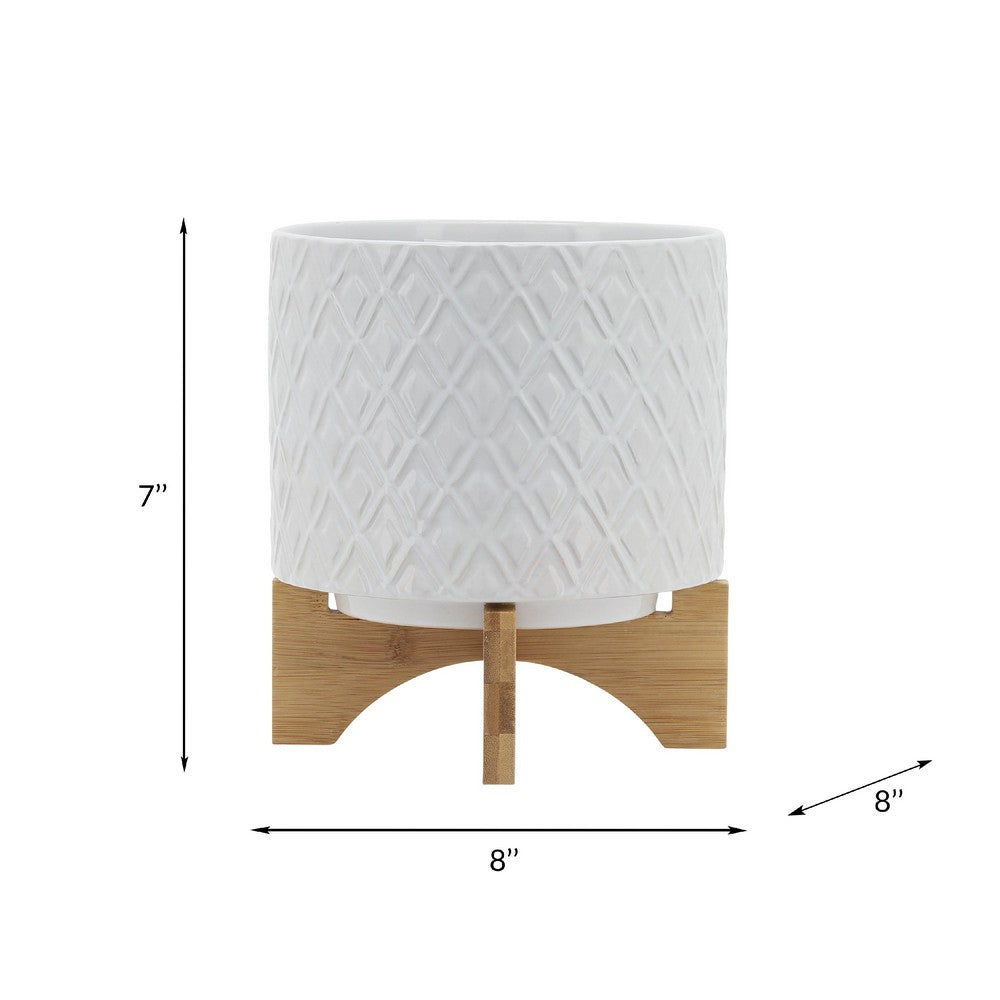 Jeny Flower Planter Pot on Wood Stand | White Diamond Ceramic 8"