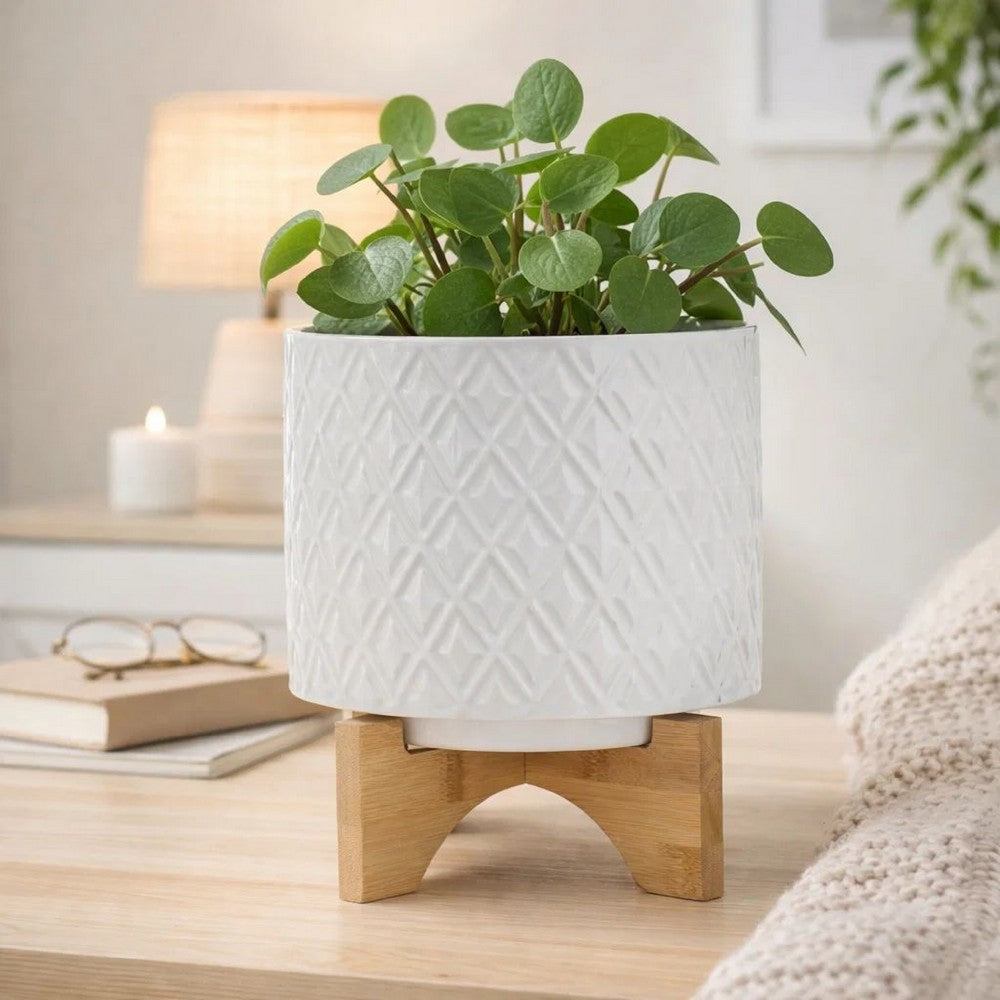 Jeny Flower Planter Pot on Wood Stand | White Diamond Ceramic 8"