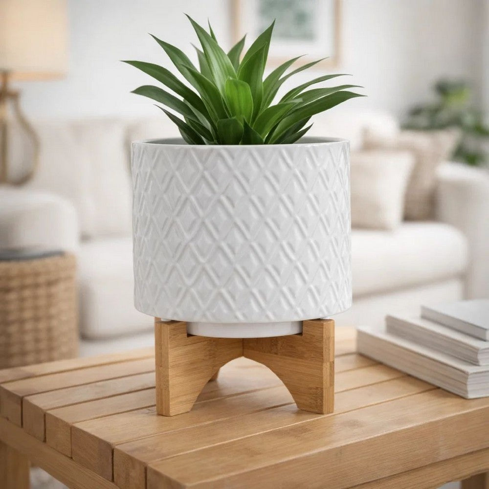 Jeny Flower Planter Pot on Wood Stand | White Diamond Ceramic 8"