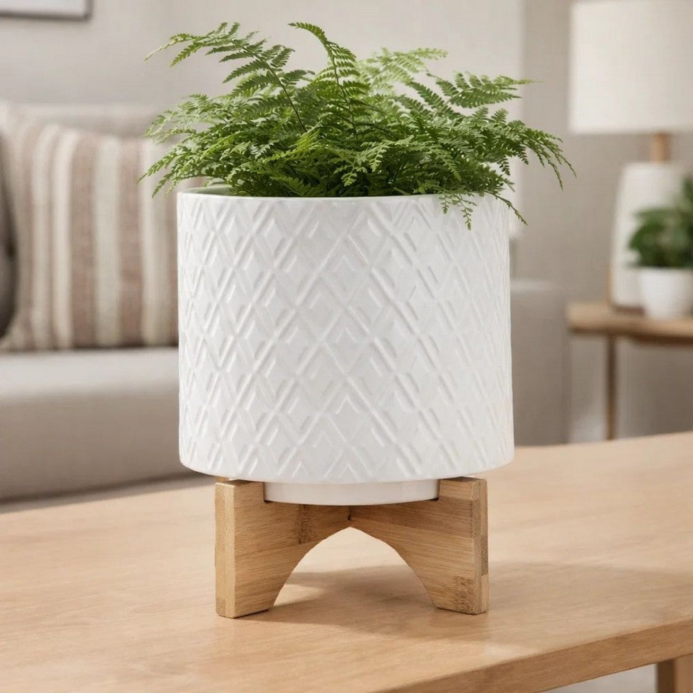 Jeny Flower Planter Pot on Wood Stand | White Diamond Ceramic 8"
