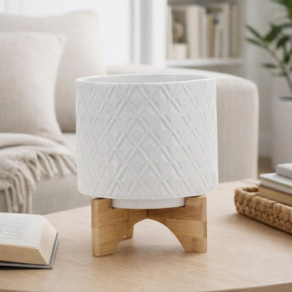 Jeny Flower Planter Pot on Wood Stand | White Diamond Ceramic 8"