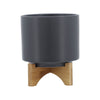 Jeny Flower Planter Pot on Wood Stand | Dark Gray Glazed Ceramic 8"