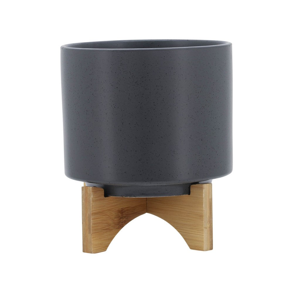 Jeny Flower Planter Pot on Wood Stand | Dark Gray Glazed Ceramic 8"