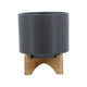 Jeny Flower Planter Pot on Wood Stand | Dark Gray Glazed Ceramic 8"