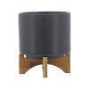 Jeny Flower Planter Pot on Wood Stand | Dark Gray Glazed Ceramic 8"
