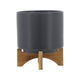 Jeny Flower Planter Pot on Wood Stand | Dark Gray Glazed Ceramic 8"