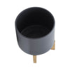 Jeny Flower Planter Pot on Wood Stand | Dark Gray Glazed Ceramic 8"