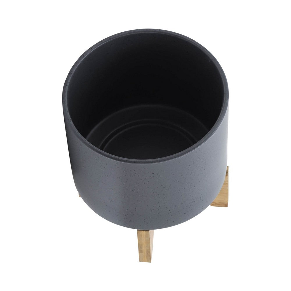 Jeny Flower Planter Pot on Wood Stand | Dark Gray Glazed Ceramic 8"