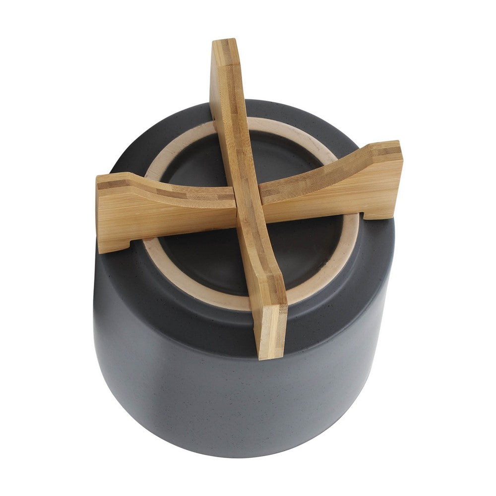 Jeny Flower Planter Pot on Wood Stand | Dark Gray Glazed Ceramic 8"