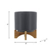 Jeny Flower Planter Pot on Wood Stand | Dark Gray Glazed Ceramic 8"