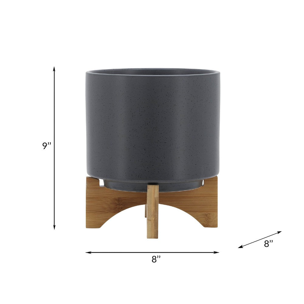Jeny Flower Planter Pot on Wood Stand | Dark Gray Glazed Ceramic 8"