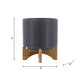 Jeny Flower Planter Pot on Wood Stand | Dark Gray Glazed Ceramic 8"