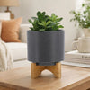 Jeny Flower Planter Pot on Wood Stand | Dark Gray Glazed Ceramic 8"
