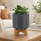 Jeny Flower Planter Pot on Wood Stand | Dark Gray Glazed Ceramic 8"