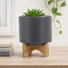 Jeny Flower Planter Pot on Wood Stand | Dark Gray Glazed Ceramic 8"