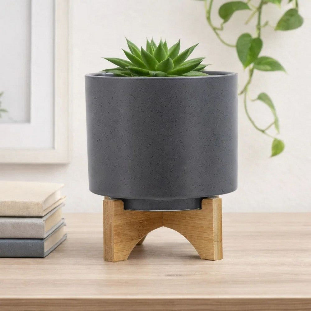 Jeny Flower Planter Pot on Wood Stand | Dark Gray Glazed Ceramic 8"