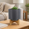 Jeny Flower Planter Pot on Wood Stand | Dark Gray Glazed Ceramic 8"