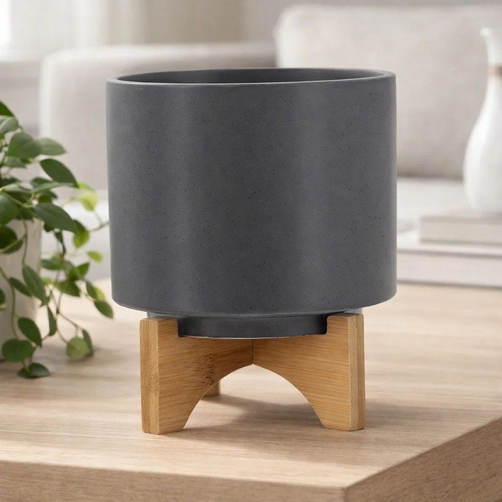 Jeny Flower Planter Pot on Wood Stand | Dark Gray Glazed Ceramic 8"