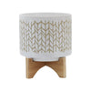 Jeny Flower Planter Pot on Wood Stand | White Beige Chevron Ceramic 8"