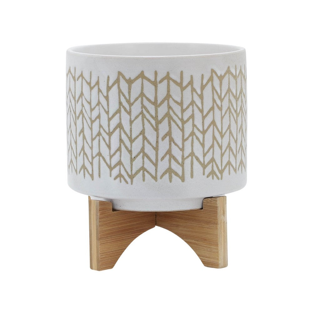 Jeny Flower Planter Pot on Wood Stand | White Beige Chevron Ceramic 8"