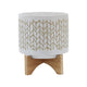 Jeny Flower Planter Pot on Wood Stand | White Beige Chevron Ceramic 8"