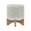 Jeny Flower Planter Pot on Wood Stand | White Beige Chevron Ceramic 8"