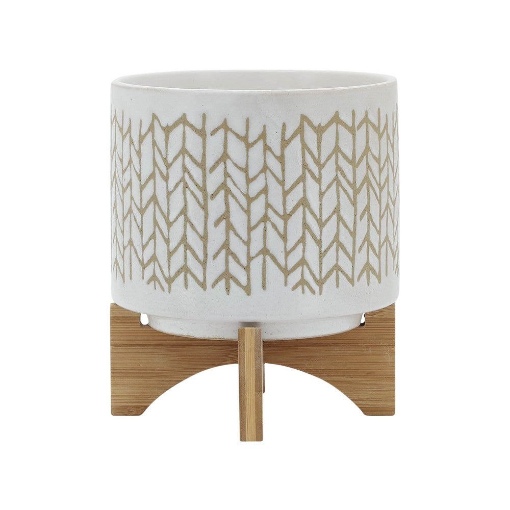 Jeny Flower Planter Pot on Wood Stand | White Beige Chevron Ceramic 8"