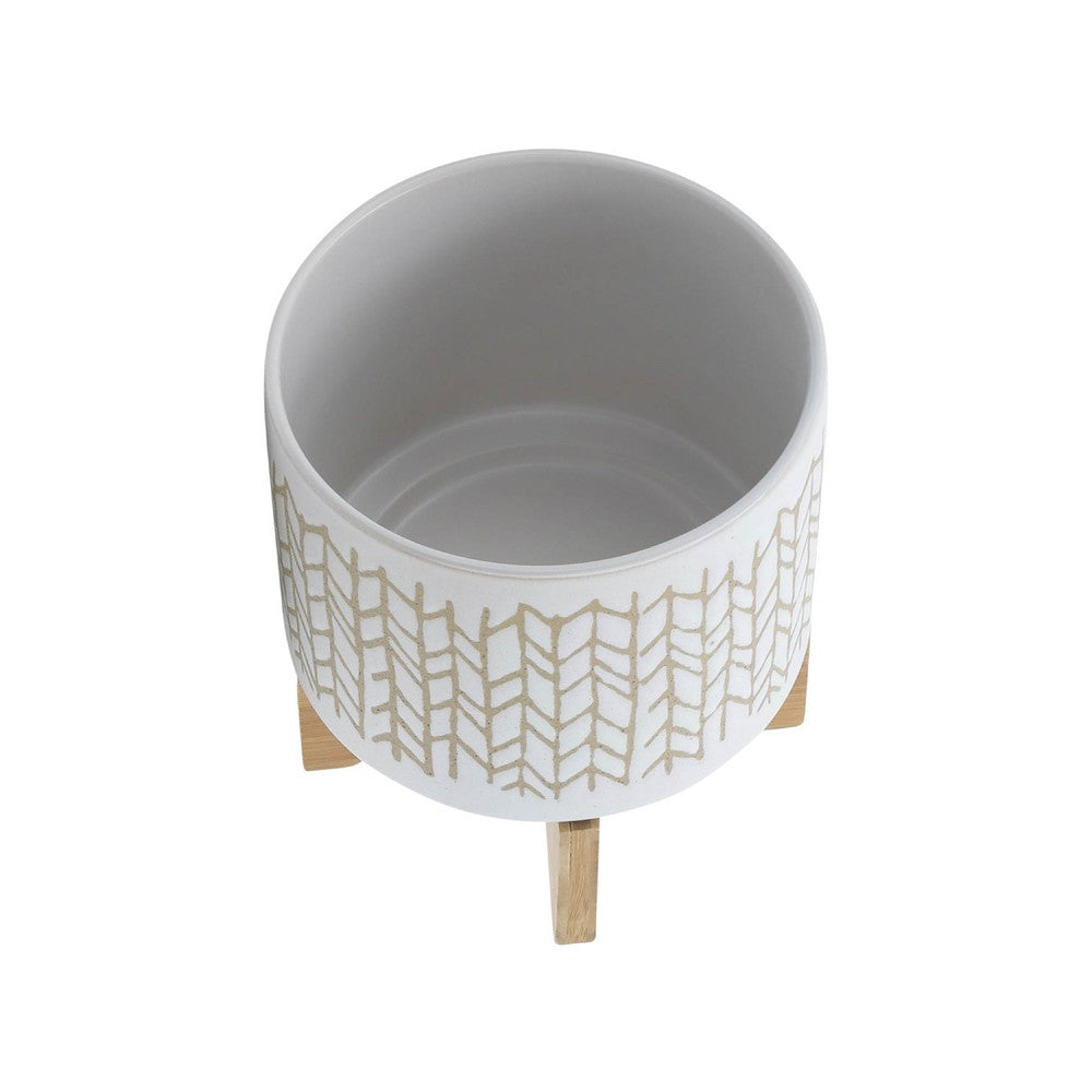 Jeny Flower Planter Pot on Wood Stand | White Beige Chevron Ceramic 8"