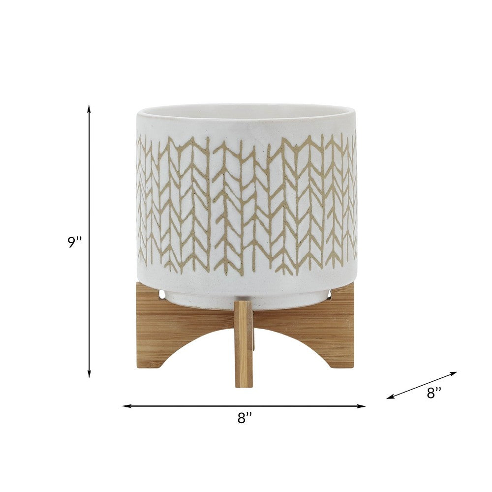 Jeny Flower Planter Pot on Wood Stand | White Beige Chevron Ceramic 8"