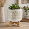 Jeny Flower Planter Pot on Wood Stand | White Beige Chevron Ceramic 8"