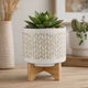 Jeny Flower Planter Pot on Wood Stand | White Beige Chevron Ceramic 8"