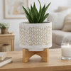 Jeny Flower Planter Pot on Wood Stand | White Beige Chevron Ceramic 8"