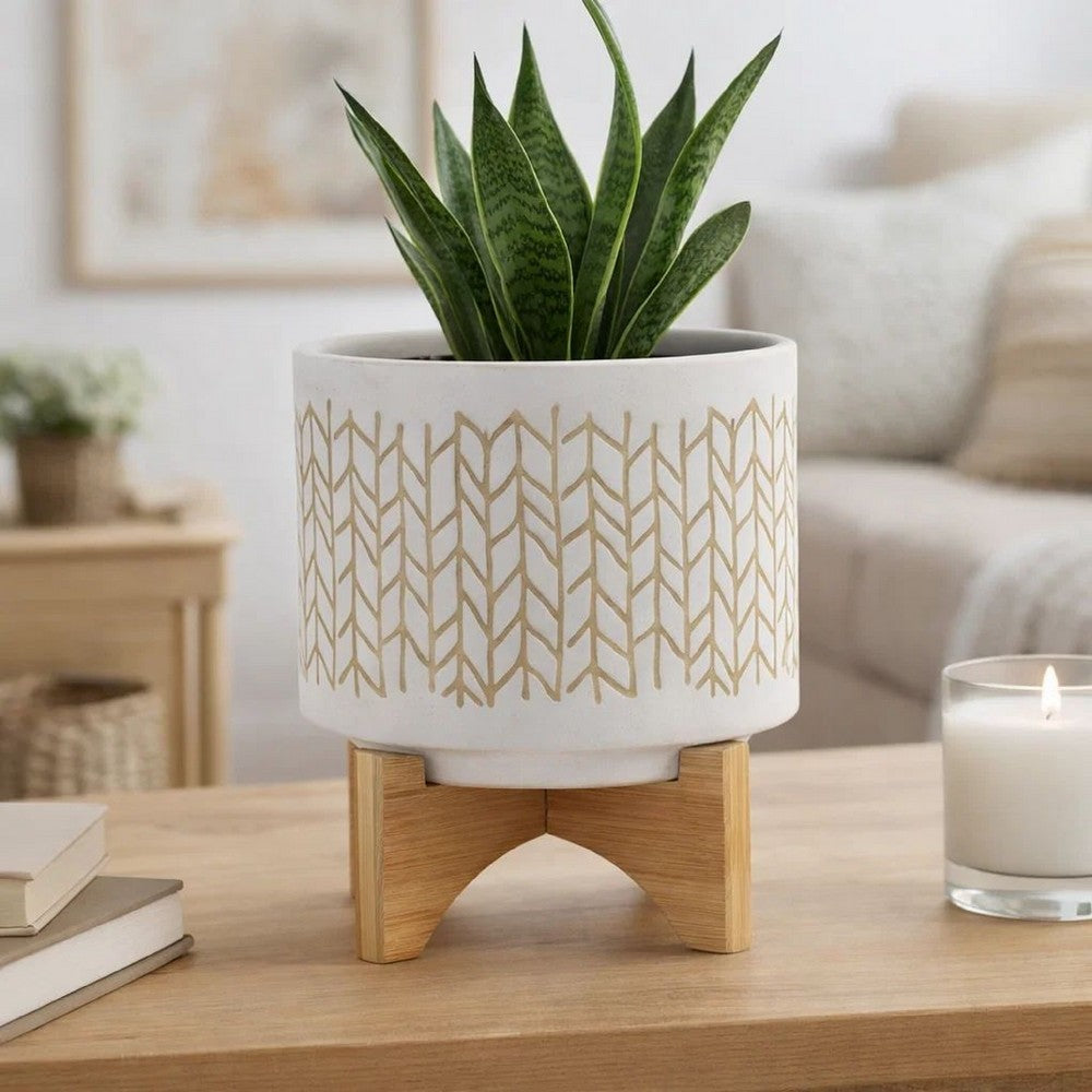 Jeny Flower Planter Pot on Wood Stand | White Beige Chevron Ceramic 8"