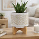 Jeny Flower Planter Pot on Wood Stand | White Beige Chevron Ceramic 8"