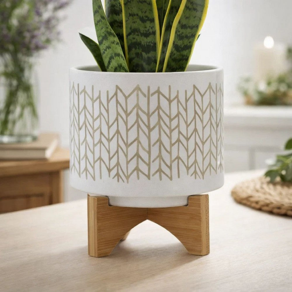 Jeny Flower Planter Pot on Wood Stand | White Beige Chevron Ceramic 8"