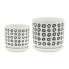Set of 2 Flower Planters w Saucers | Black & White Aztec Ceramic 5/6"