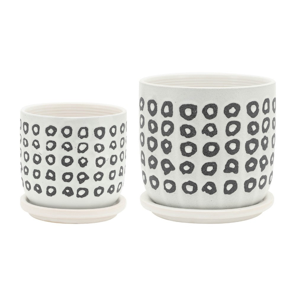 Set of 2 Flower Planters w Saucers | Black & White Aztec Ceramic 5/6"