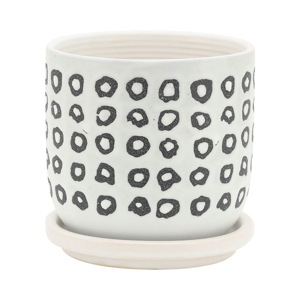Set of 2 Flower Planters w Saucers | Black & White Aztec Ceramic 5/6"