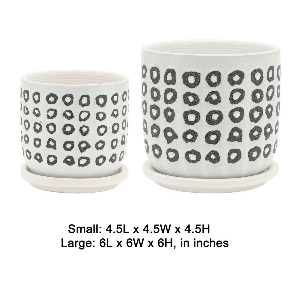 Set of 2 Flower Planters w Saucers | Black & White Aztec Ceramic 5/6"