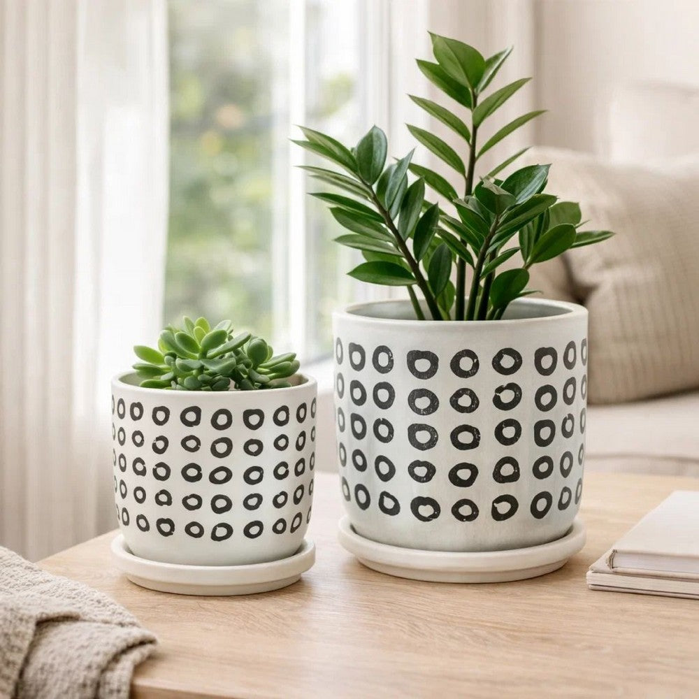 Set of 2 Flower Planters w Saucers | Black & White Aztec Ceramic 5/6"